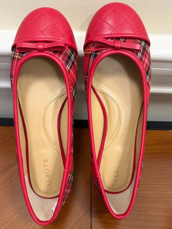 Talbots Tartan Plaid Ballet Flats Shoes Red Multi Blair Cap Toe - Picture 3 of 4